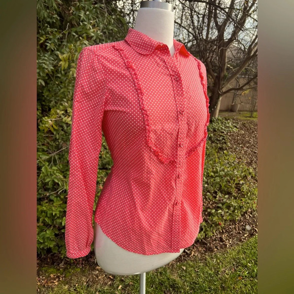 Liz Claiborne women’s button-down color coral base with white polkadot - Picture 1 of 5